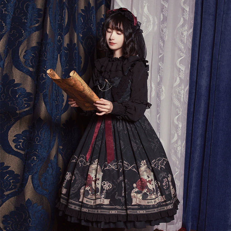 Gothic Lolita Dress With Birdcage Print Black Lolita Dress 35534:495462 35534:495462