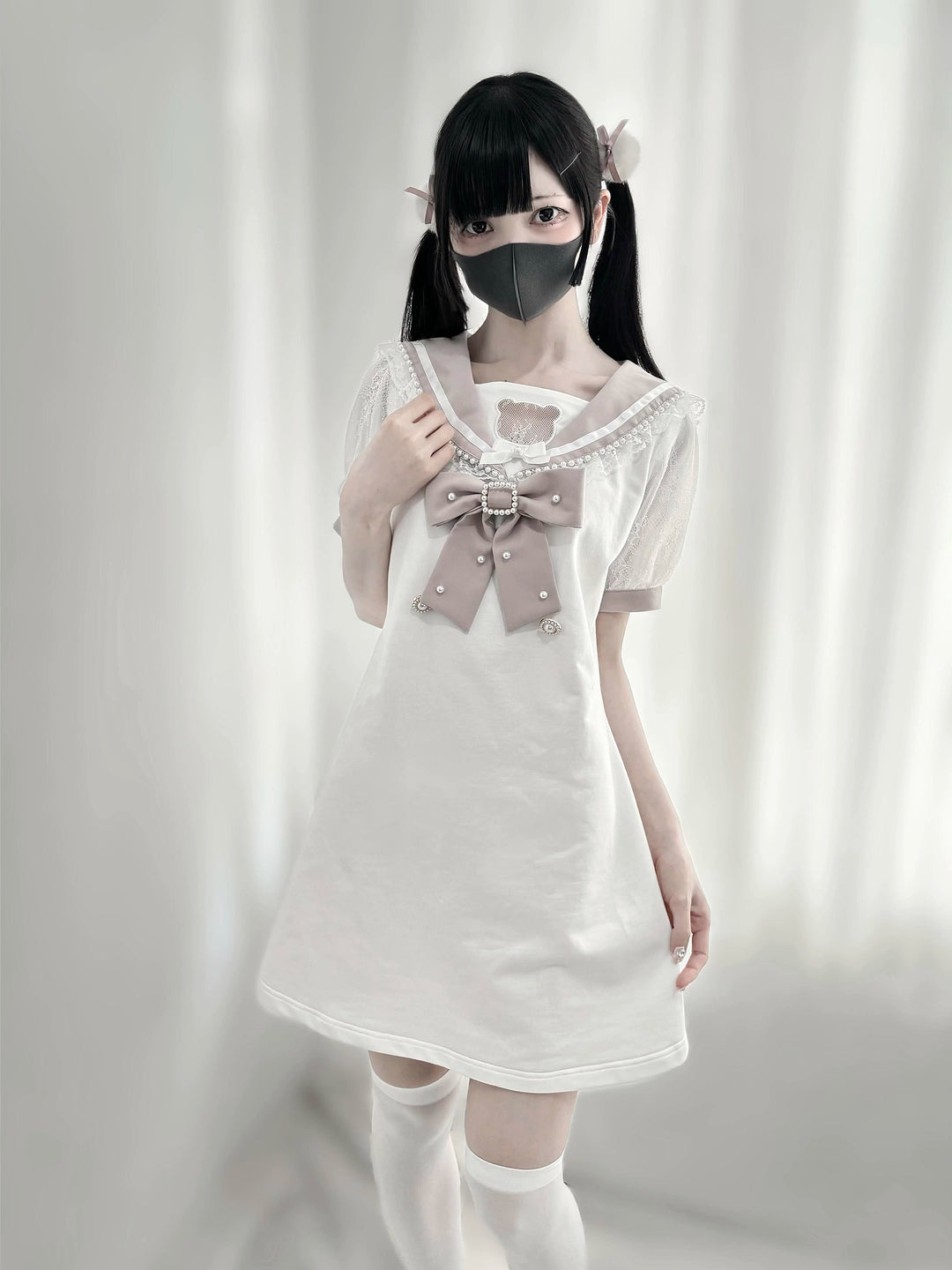 Jirai Kei Dress Sailor Collar Pearl Lace Dress 37656:606526