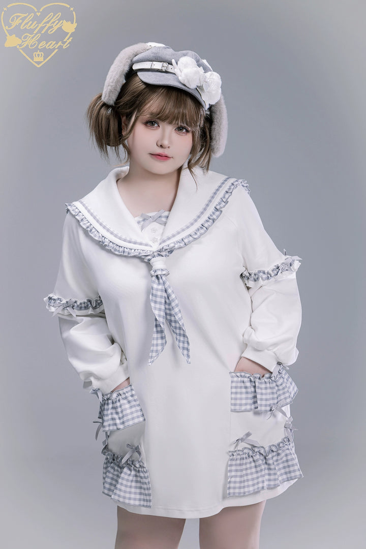 Kawaii Sailor Collar Sweatshirt, Plaid Neckercheif (L S) 43867:790584