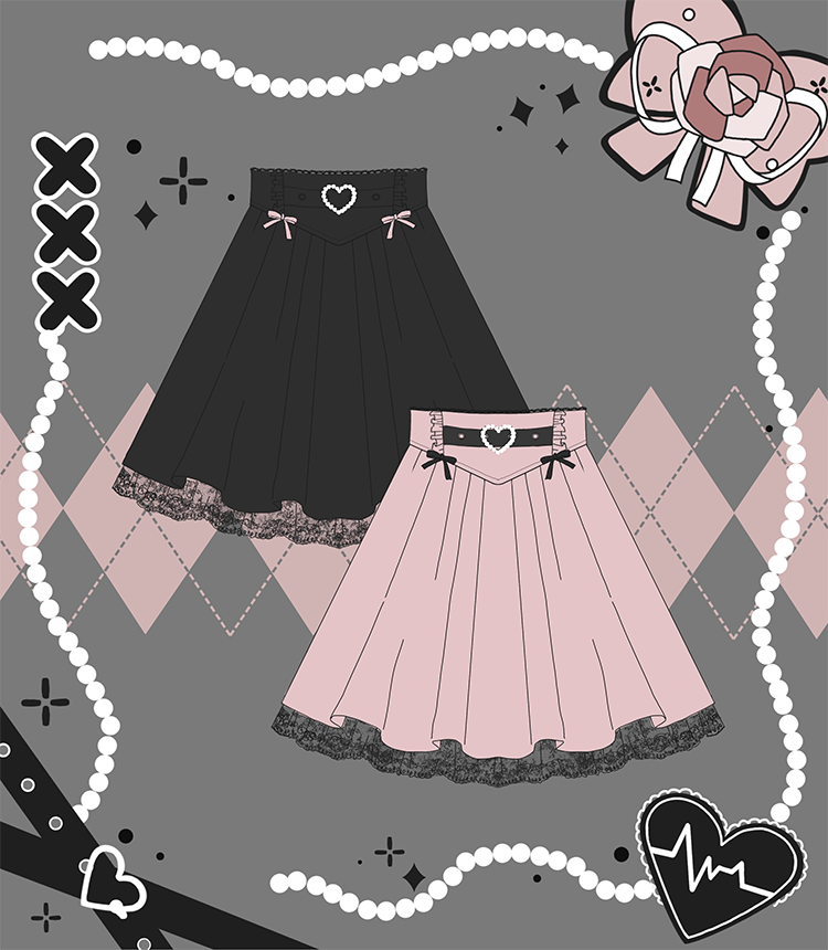 Jirai Kei Black Pink Skirt Heart Buckle High-Waisted Skirt 21934:366426