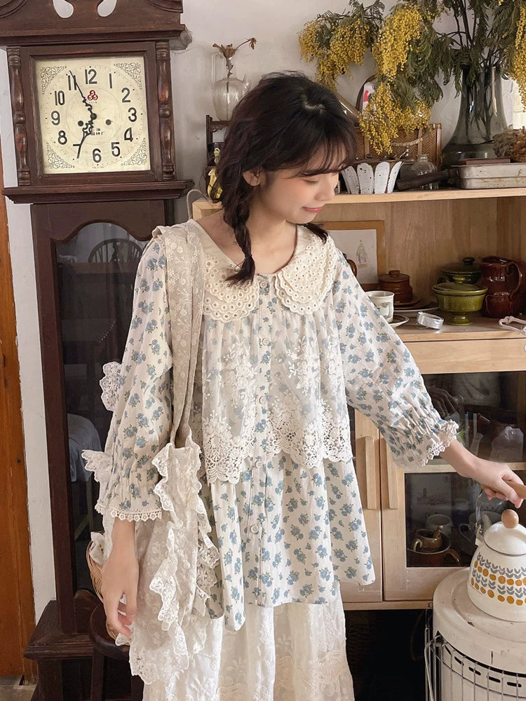 Mori Kei Blouse Floral Cotton Linen Shirt With Lace 36222:524846