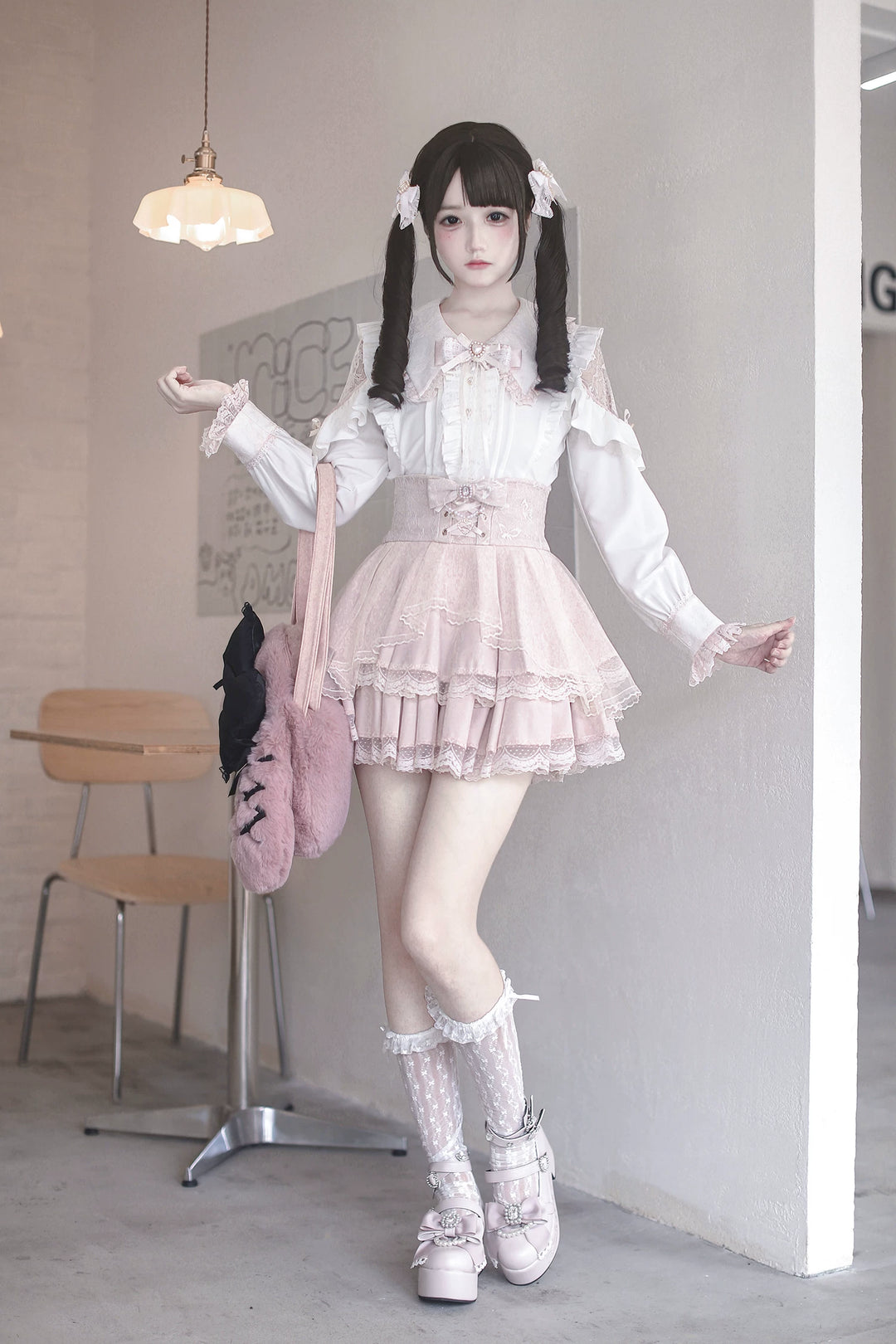 High-waist Jirai Kei Skirt, Pearl & Rhinestone Accents 44782:826639