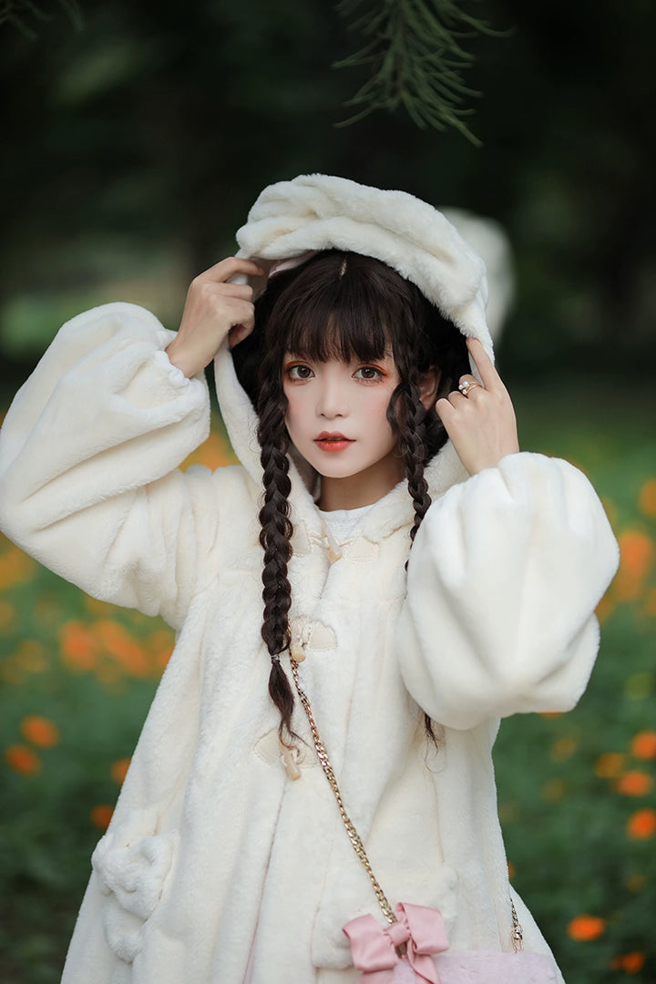 Kawaii Beige Winter Coat Bunny Fur Toggle Coat 22762:353506 22762:353506