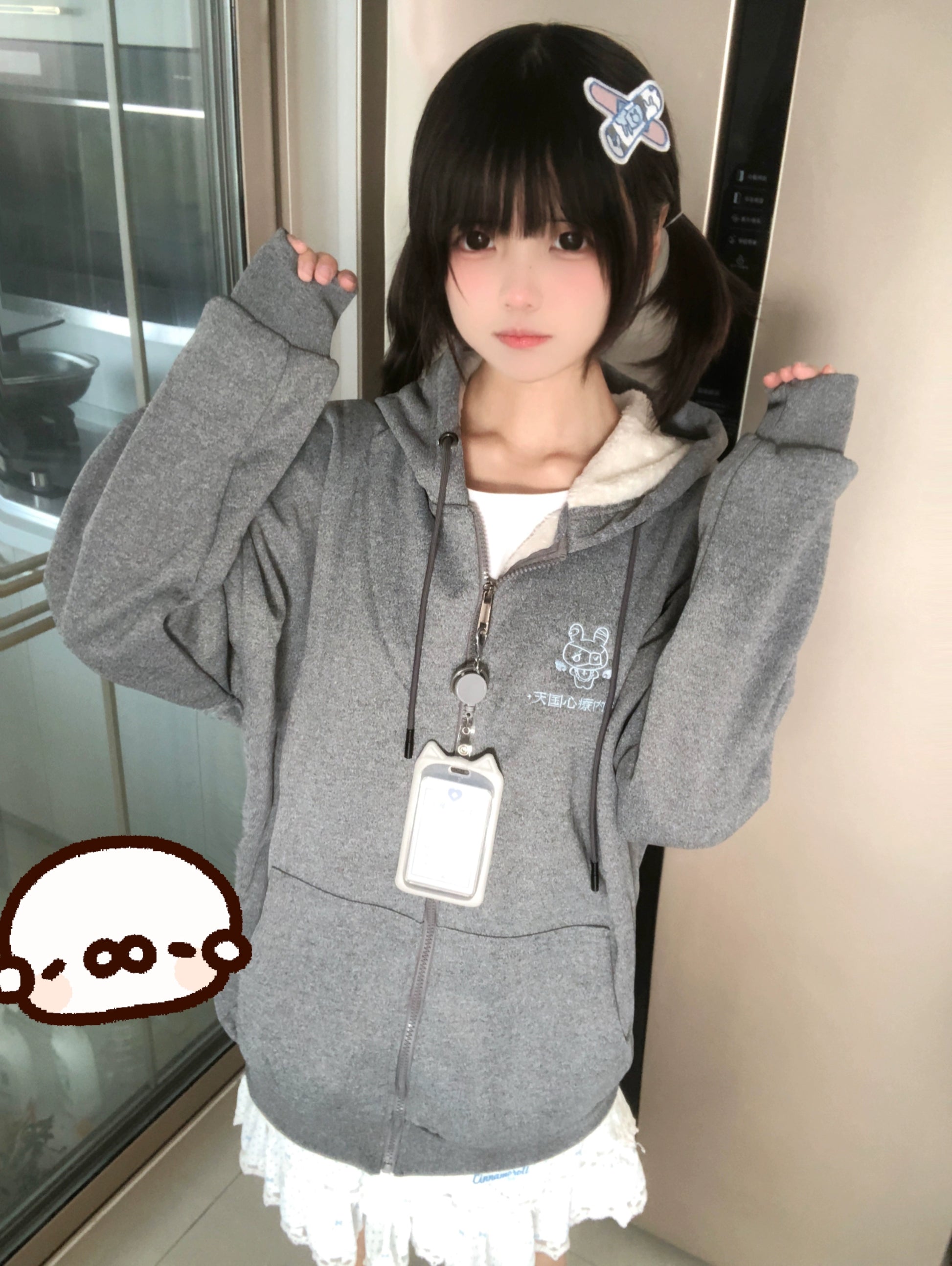 Jirai Kei Fleece Hoodie Black Gray Embroidery Winter Coat 32928:408816