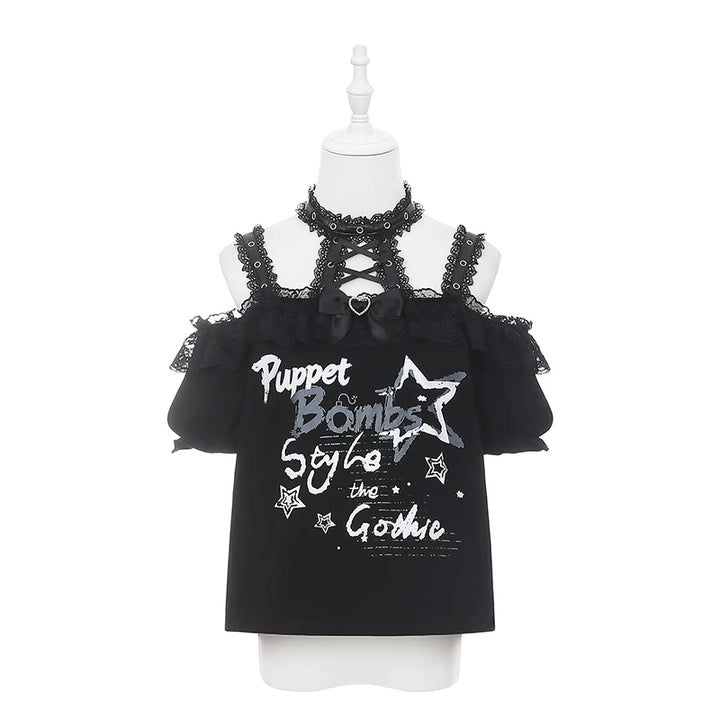 Halter Neck Punk Bunny Print T-shirt, Layered Star Skirt (L M S) 45361:851454