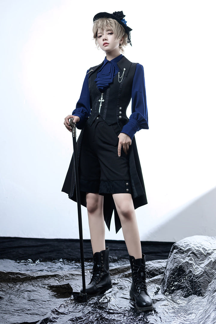 Ouji Lolita Shirt Black Blue Gray Blouse 35202:484655 35202:484655