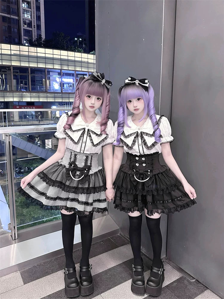 Jirai Kei Sailor Collar Blouse, Cinched Waist Tiered Skirt 45571:855940