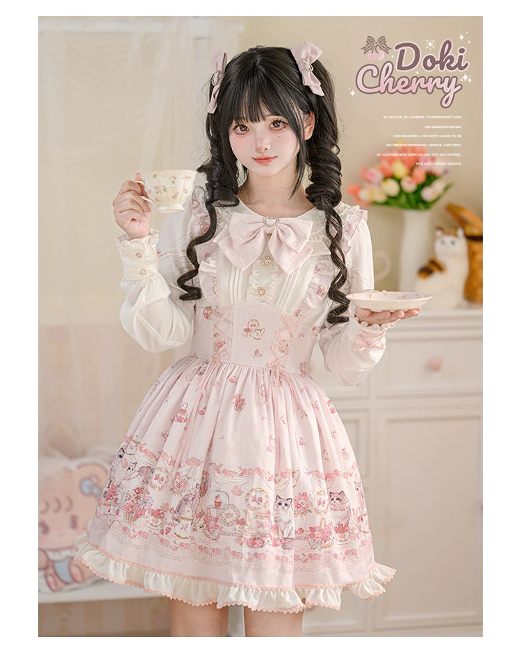 Kawaii Ryousangata Dress Long-sleeved Cat Printed OP Dress 40560:664812