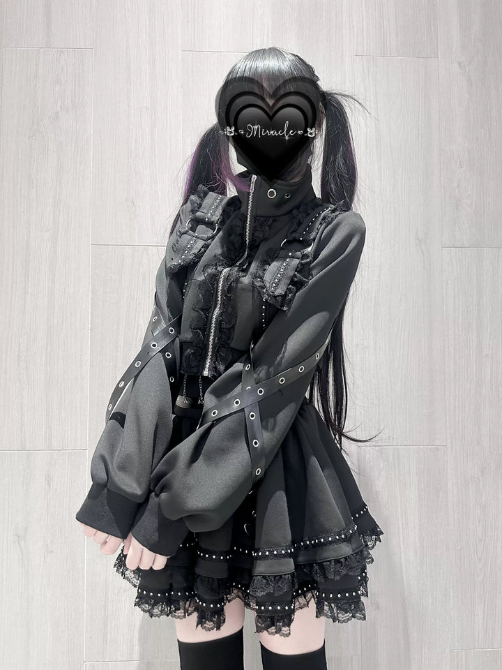 Punk Jacket and Skirt, Cross Zipper and Studs 45649:858251