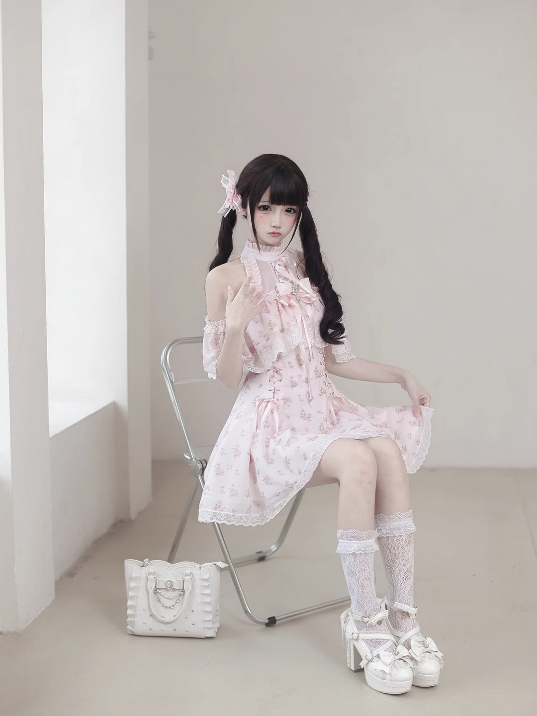 Pink Open Shoulder Ryousangata Dress, Floral Print 45289:846987