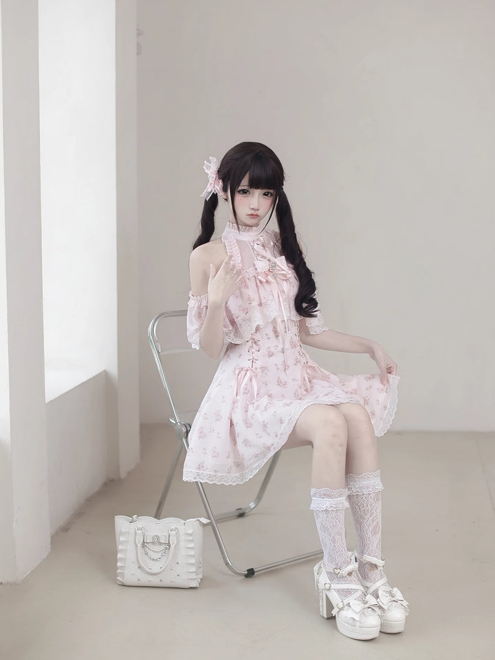 Pink Open Shoulder Ryousangata Dress, Floral Print 45289:846987