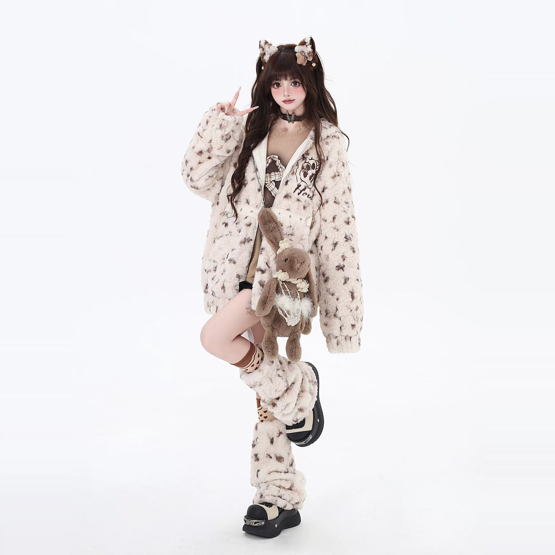 Jirai Kei Fleece Coat Leopard Print Hooded Jacket 40746:677820