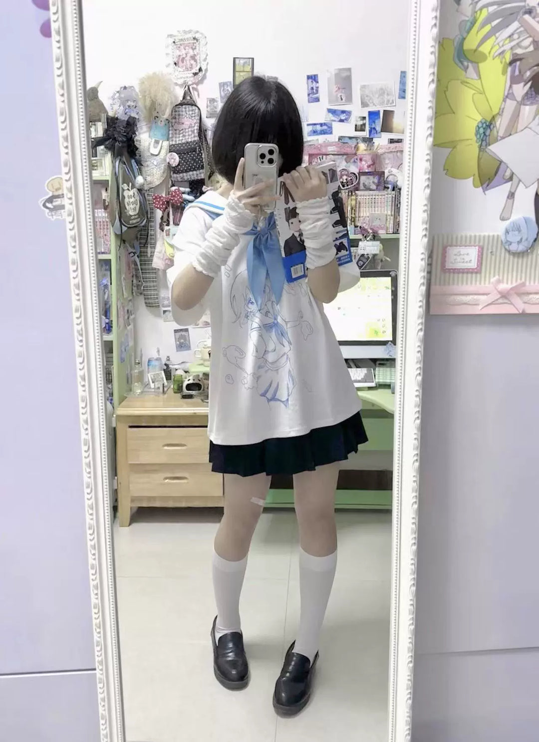Cotton Tenshi Kaiwai Sailor Collar T-Shirt with Anime Girl Print 43094:765339