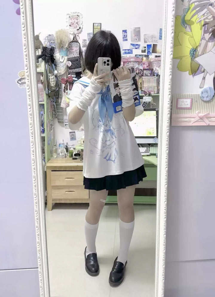 Cotton Tenshi Kaiwai Sailor Collar T-Shirt with Anime Girl Print 43094:765339