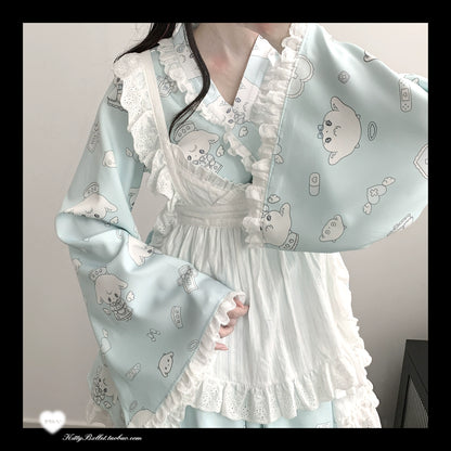 Tenshi Kaiwai Patchwork Skirt Kimono Top White Apron Three-Piece Set 36786:536646