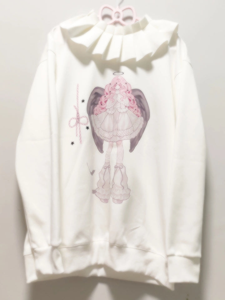 Tenshi Kaiwai Hoodie Angel Print Sweatshirt White Top (L M) 38084:579610