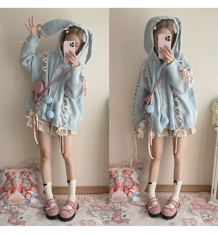 Kawaii White Pink Blue Cardigan Bunny Ears Sweater Coat 22658:345298 22658:345298