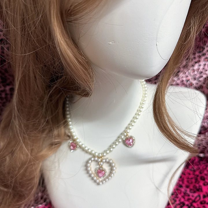 Gyaru Pearl Necklace, Floral or Heart Rhinestone Style 45564:854938