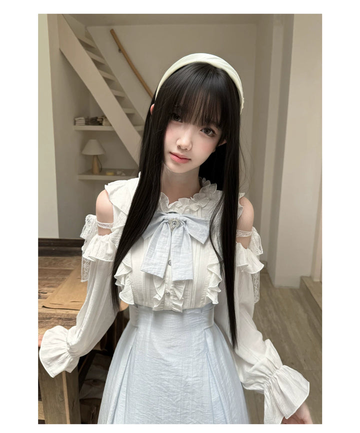 Seiso Kei Open Shoulder Dress, Blue & White Color Spliced 45752:861370