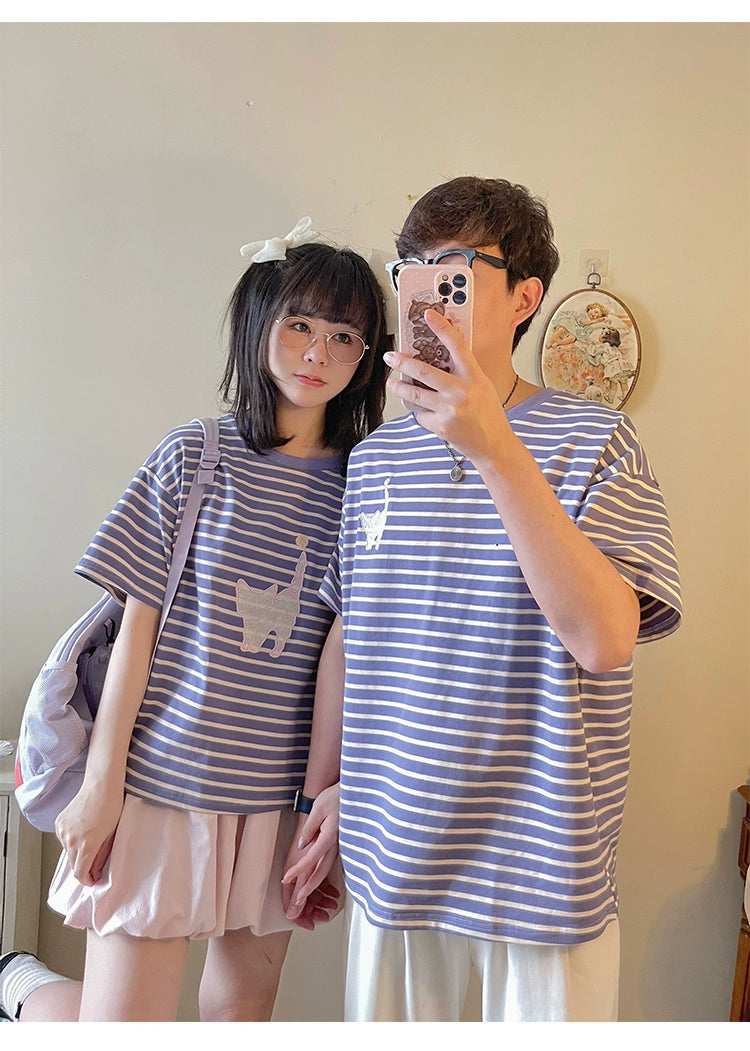 Kawaii Aesthetic Shirt Striped Short Sleeve Cotton Top 36562:518538