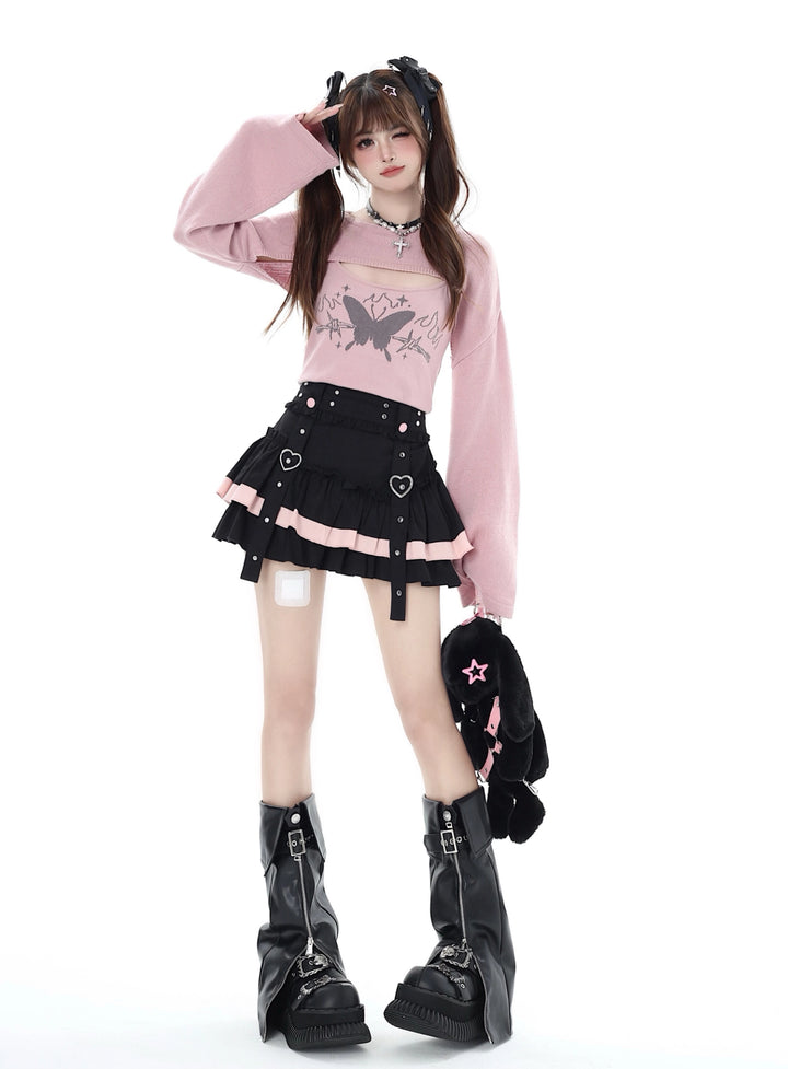 Gyaru Fashion Skirt Black Double-hem Skirt Heart Buckle Skirt 35792:577828