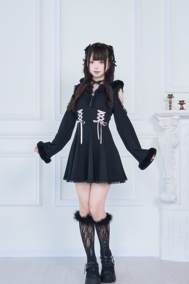 Open-Shoulder Jirai Kei Dress, Oversized Hood 43940:789826