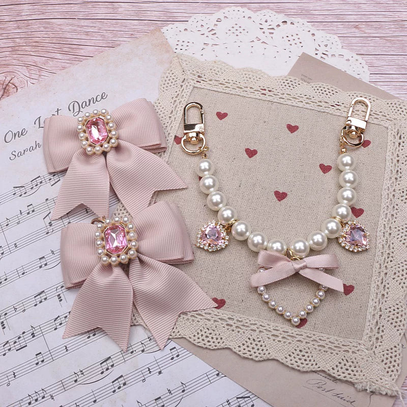 Ryousangata Bag Chain & Bow Charm, Heart-Shaped Rhinestone 45075:839495
