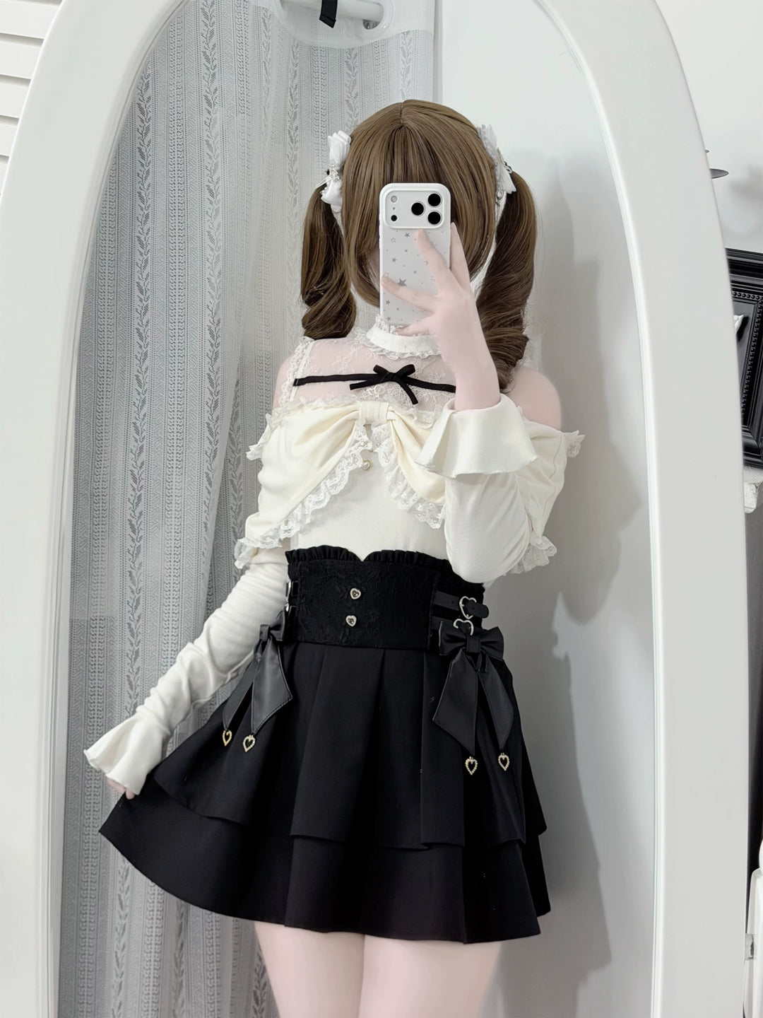 Seiso Kei Sweater and High Waist Skirt Set, Open-Shoulder 45989:871668