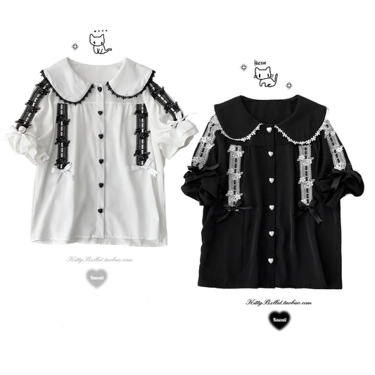 Jirai Kei Blouse Peter Pan Collar Shirt Heart Button Lace Top 36990:540494