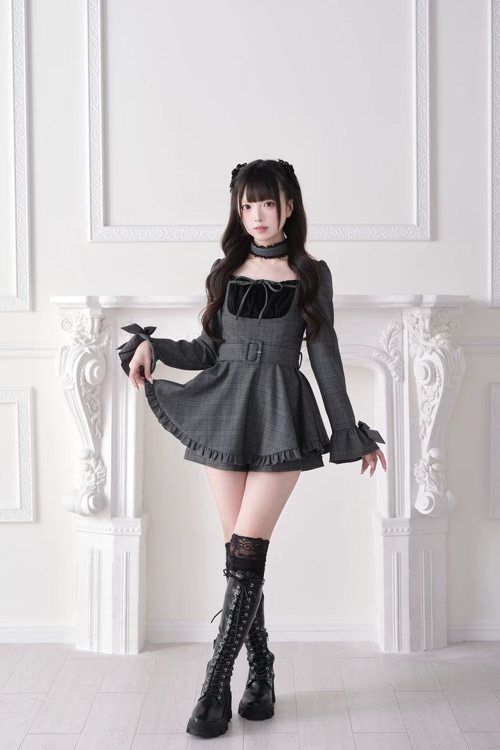 Jirai Kei Plaid Dress and Shorts Set, Lace Trim Choker 44689:819276
