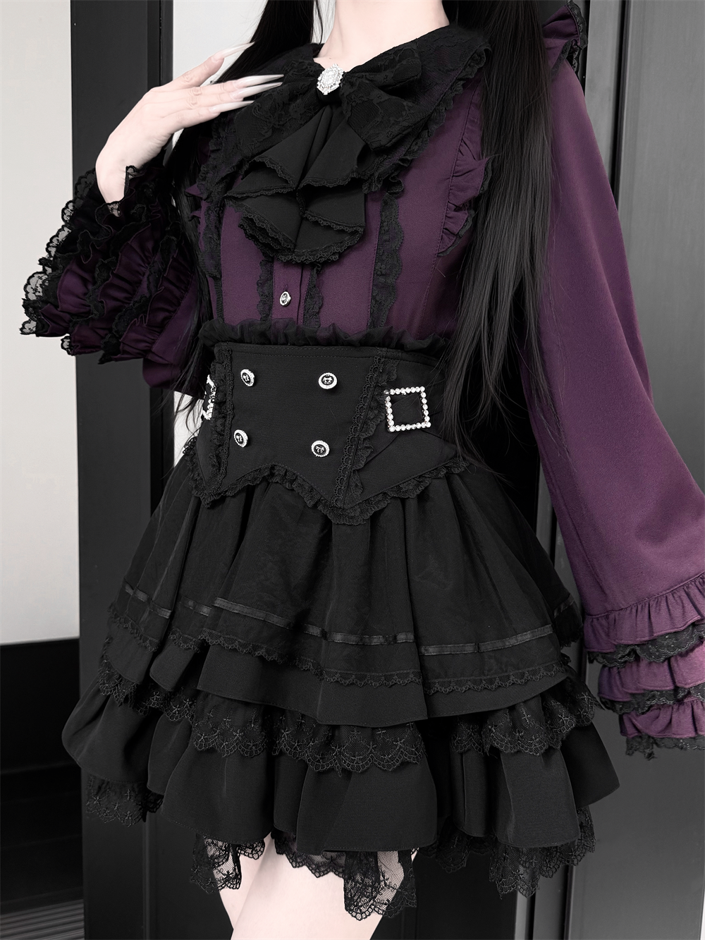 Jirai Kei Lace Blouse, High-Waist Tiered Skirt (2XL L M S XL) 44525:811411