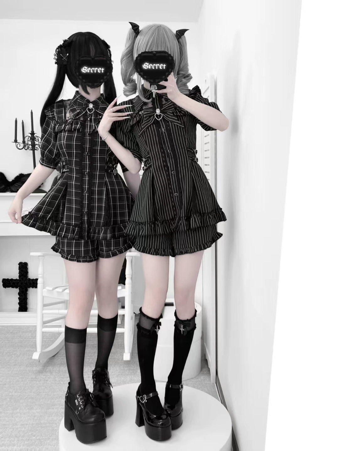 Lace Neck Jirai Kei Set Up, Pocketed Shorts 43544:779013