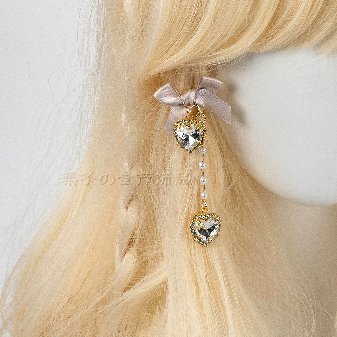 Jirai Kei Earrings Rhinestone Bow Pearl Chain Ear Clip 39658:647730