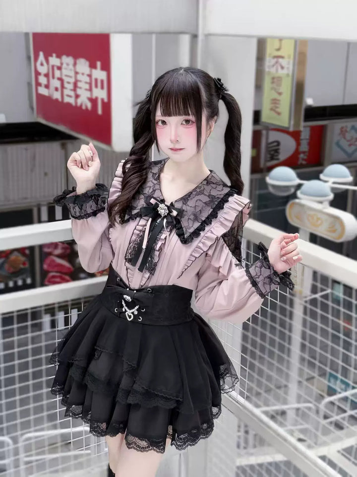 Jirai Kei Long Sleeve Blouse, Lace Overlay and Heart Buttons 44589:815173