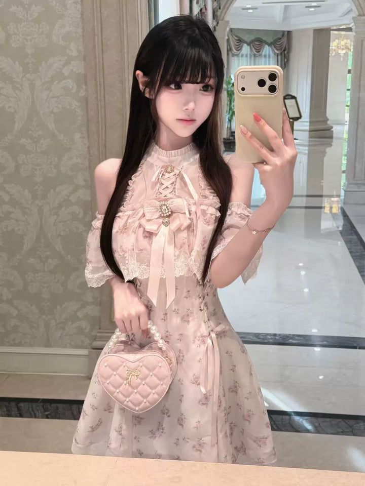 Pink Open Shoulder Ryousangata Dress, Floral Print 45289:846981