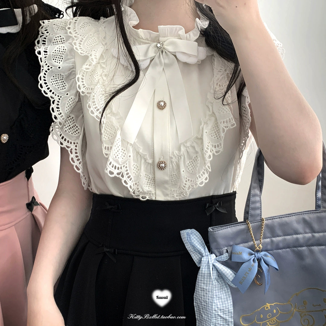 Jirai Kei Blouse Lace Flying Sleeves Shirt (White / In-stock) 36772:543788 (White / In-stock) 36772:543788