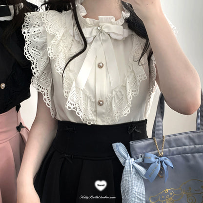 Jirai Kei Blouse Lace Flying Sleeves Shirt (White / In-stock) 36772:543788