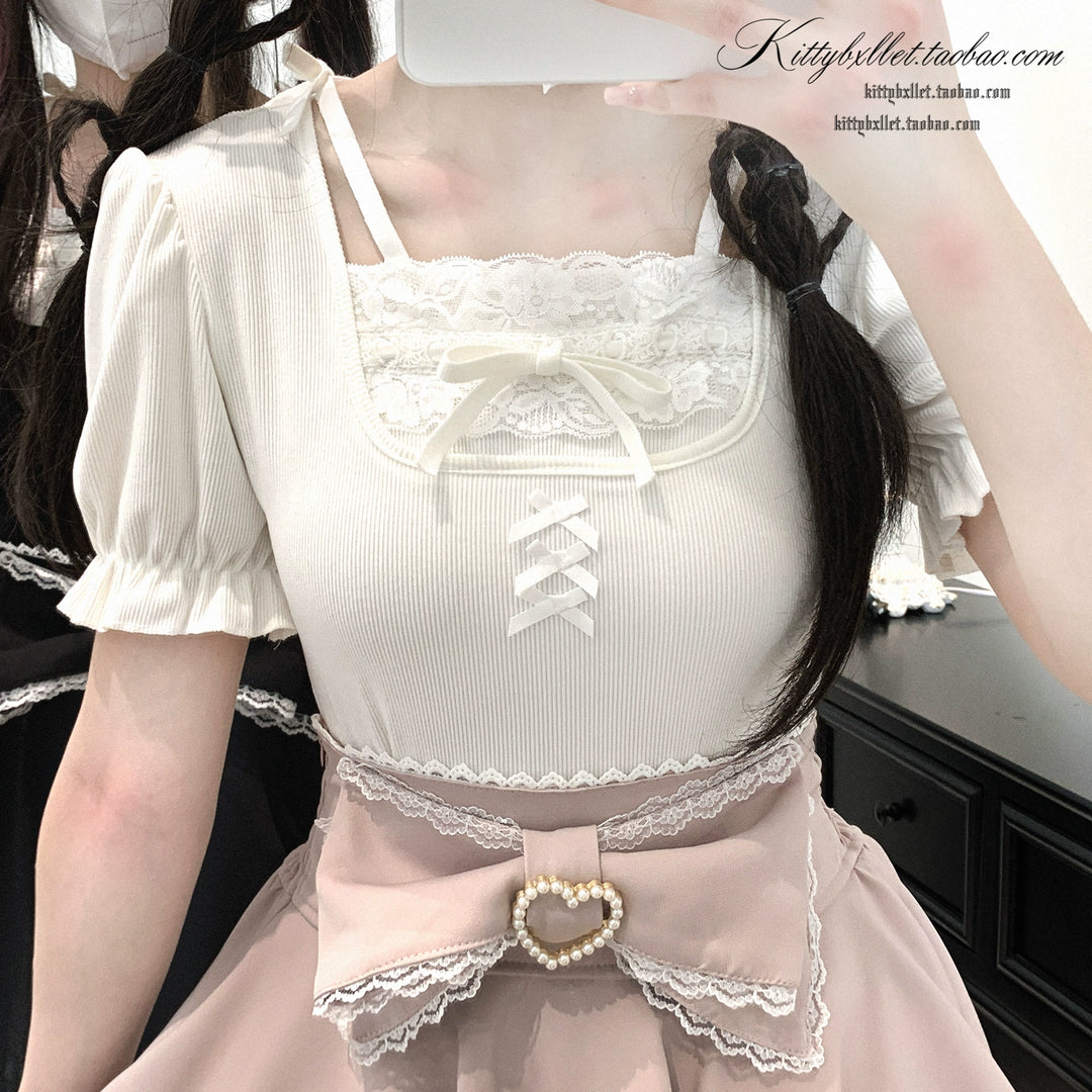 Ryousangata Slim-Fit Top, Puff Short Sleeves (White) 43615:781080