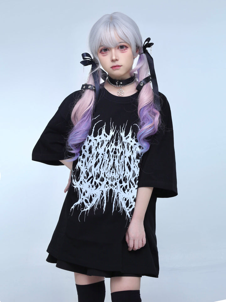 Gothic Jirai Kei Black T-shirt Cross Embroidery Fake Collar 42329:736467