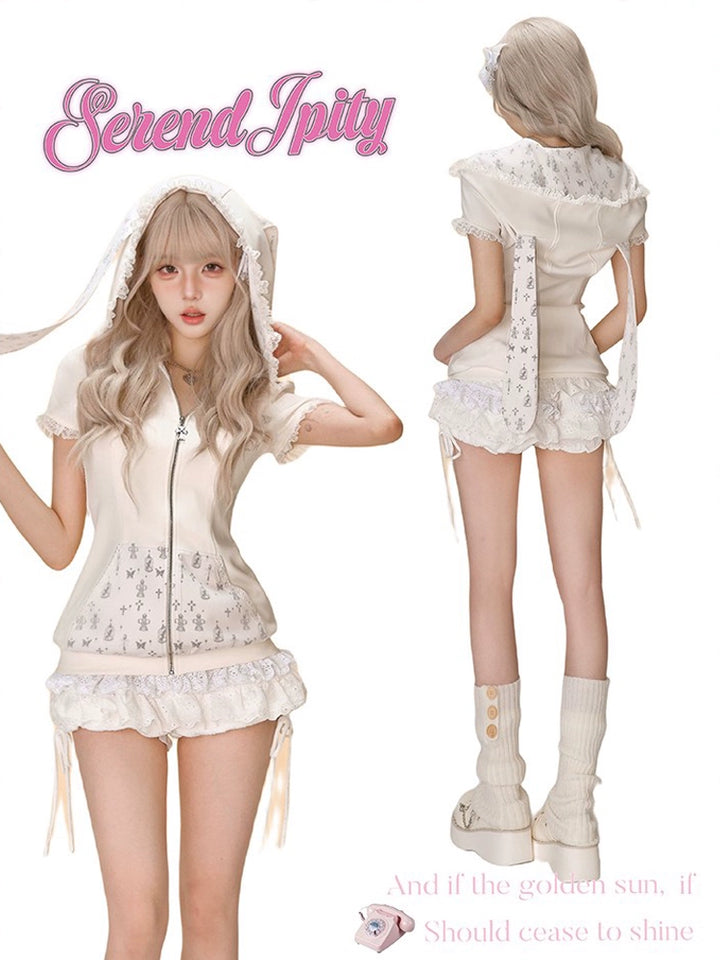 Gyaru Outfit, Bunny Ear Zip Up Hoodie + Tiered Lace Skirt 43433:779643