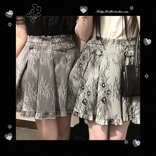 Ryousangata Fashion Lace Skirt Black White Heart-Shaped Buckle Skirt 29536:377218