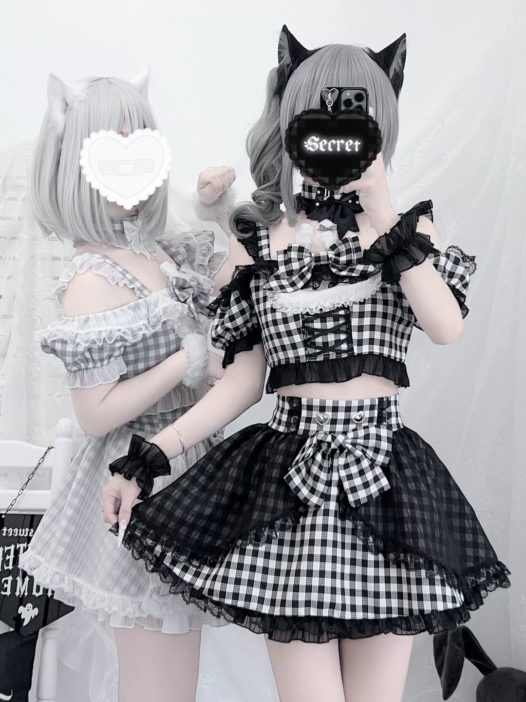 Plaid Stage Jirai Kei Outfit, Furry Bunny Ear Blouse, Skirt 43614:780913