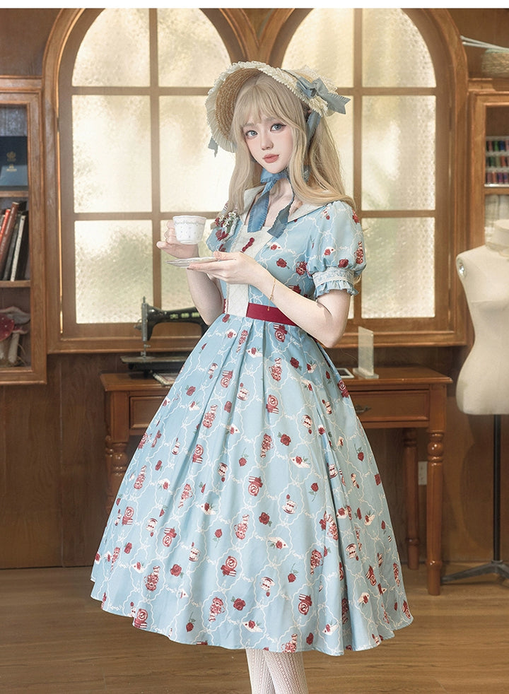 Classic Lolita Dress With Short Sleeve And Floral Tea Pot Print Multicolor 37134:552430