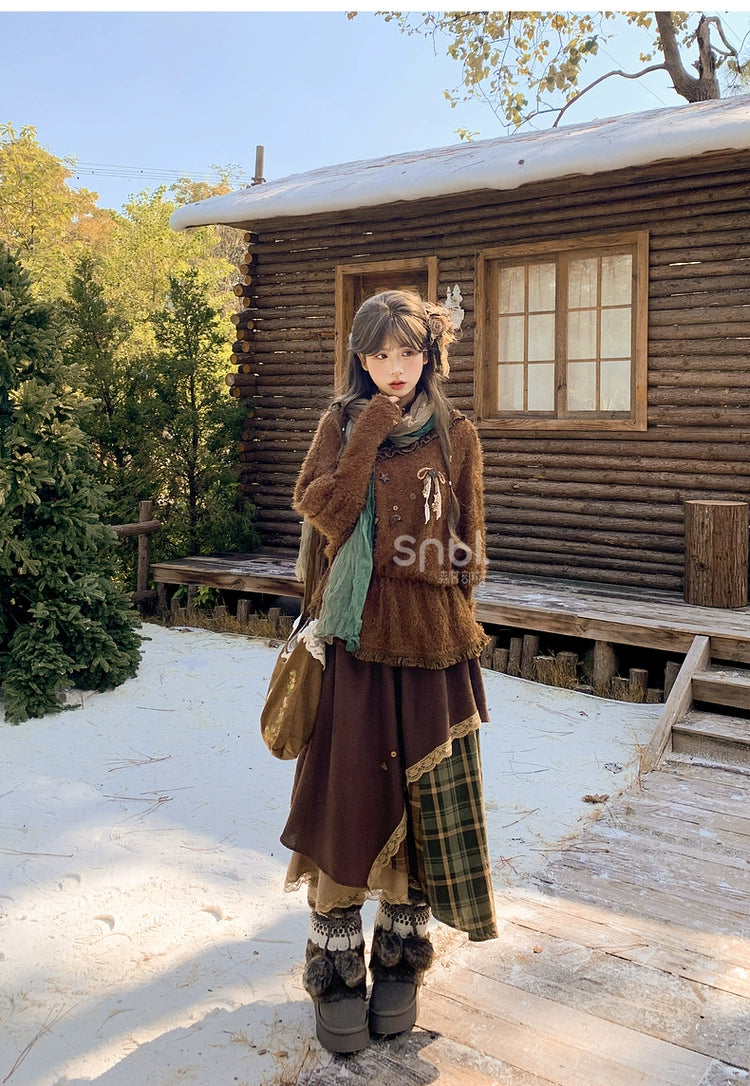 Mori Kei Stand-Collar Sweater, Irregular Plaid Skirt 44214:803843