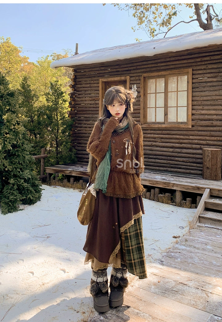 Mori Kei Stand-Collar Sweater, Irregular Plaid Skirt 44214:803843