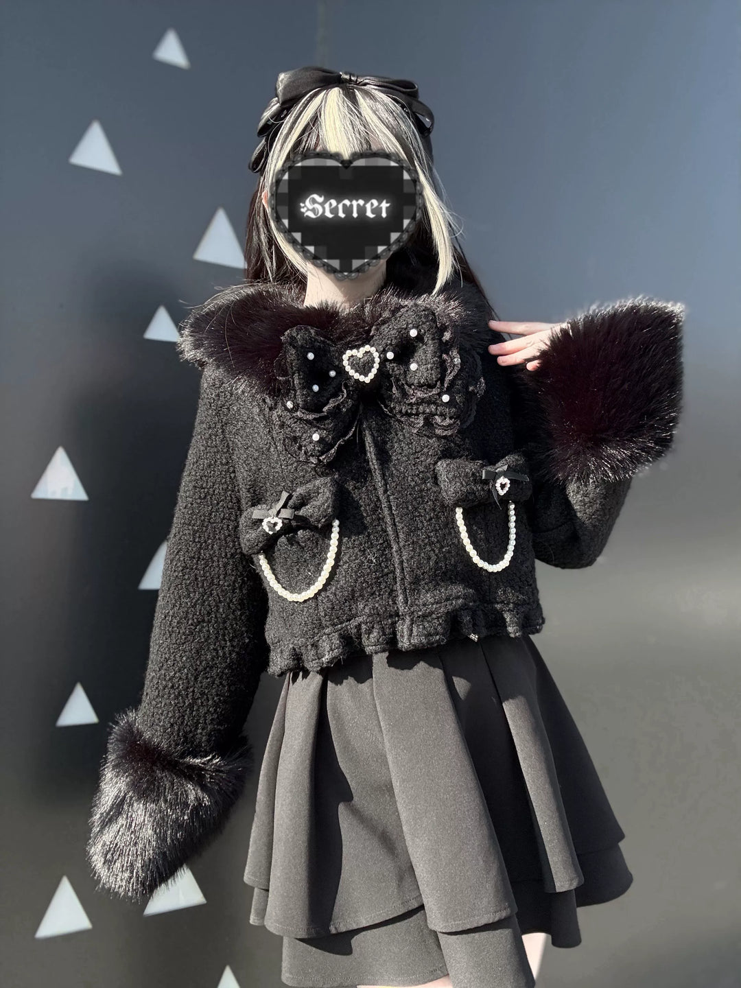 Black Jirai Kei Short Coat, Detachable Faux Fur Collar 44331:805479