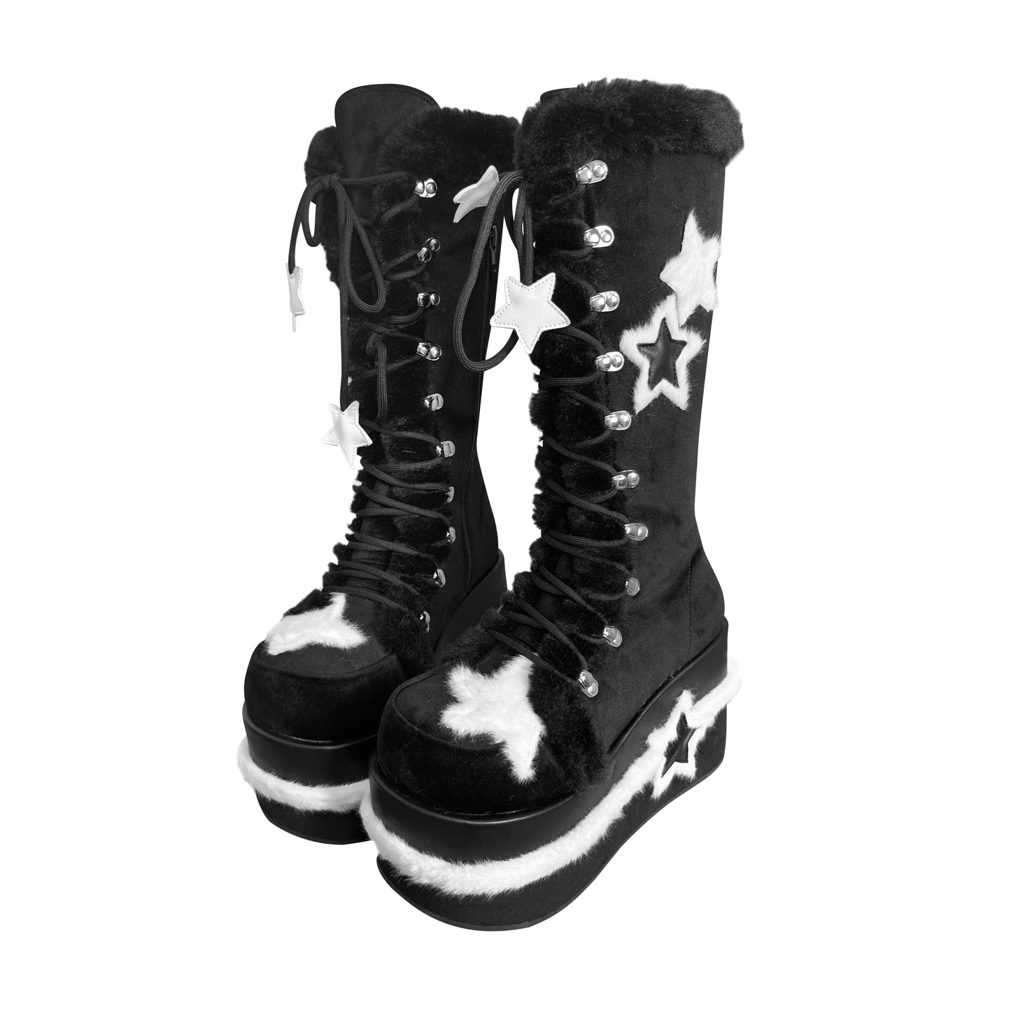Y2K Platform Shoes Black Plush Combat Boots (34 35 36 37 38 39 40 / Black) 33824:439572
