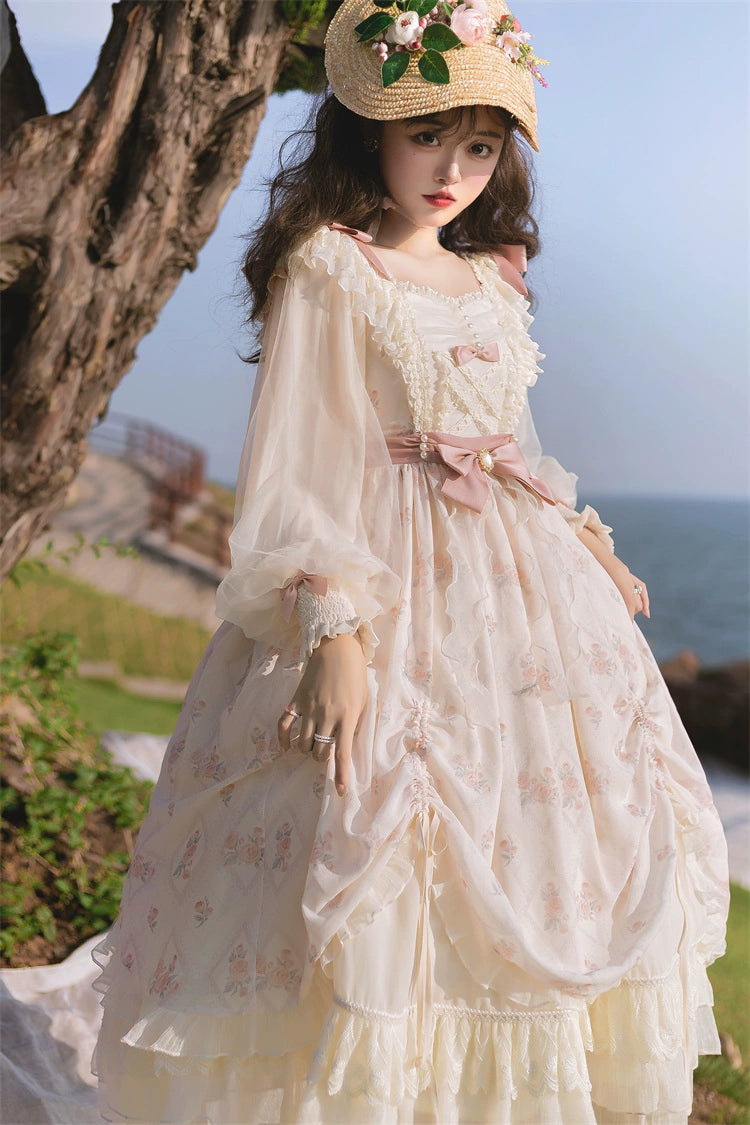 Elegant Lolita Dress Cottagecore Dress Long-Sleeved Beige Dress 36470:515866 36470:515866