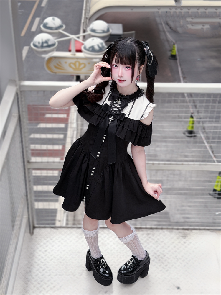 Jirai Kei Open Shoulder Dress, Layered Ruffle 44949:831304