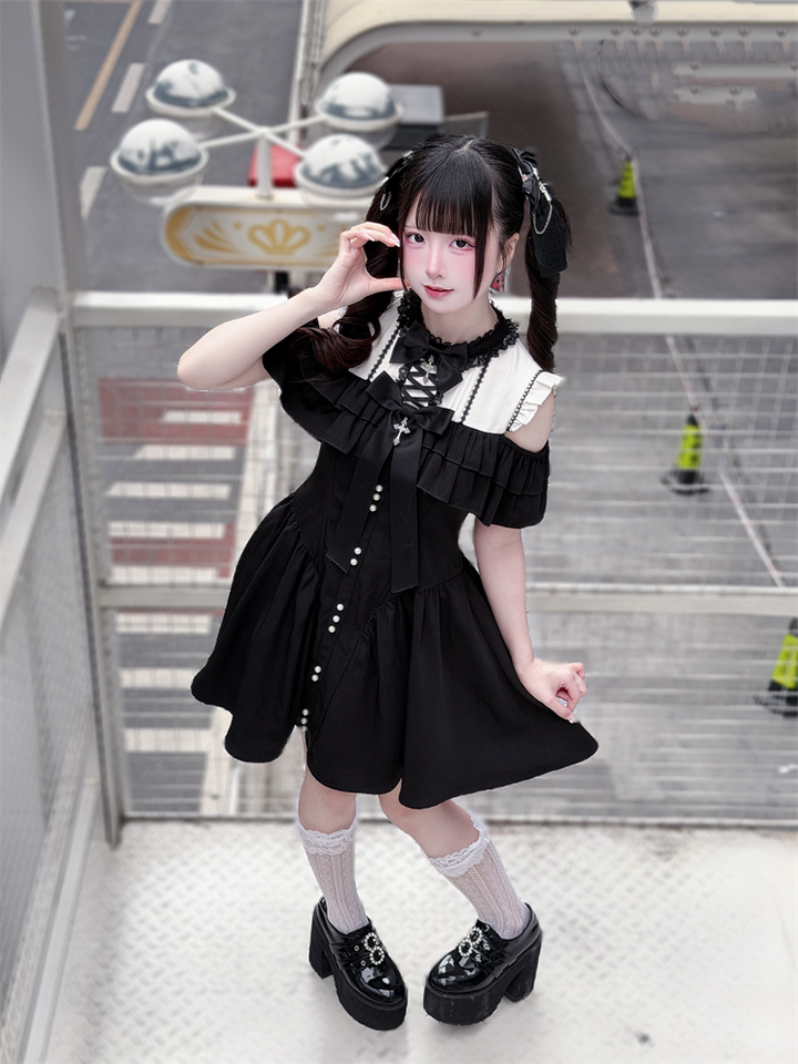 Jirai Kei Open Shoulder Dress, Layered Ruffle 44949:831304